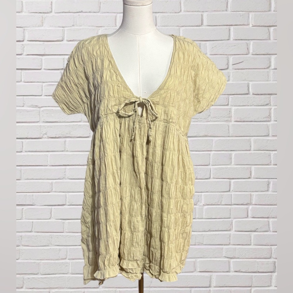 The Lullaby Club Lainey Seersucker Smock Dress Cream Oversized Babydoll XS